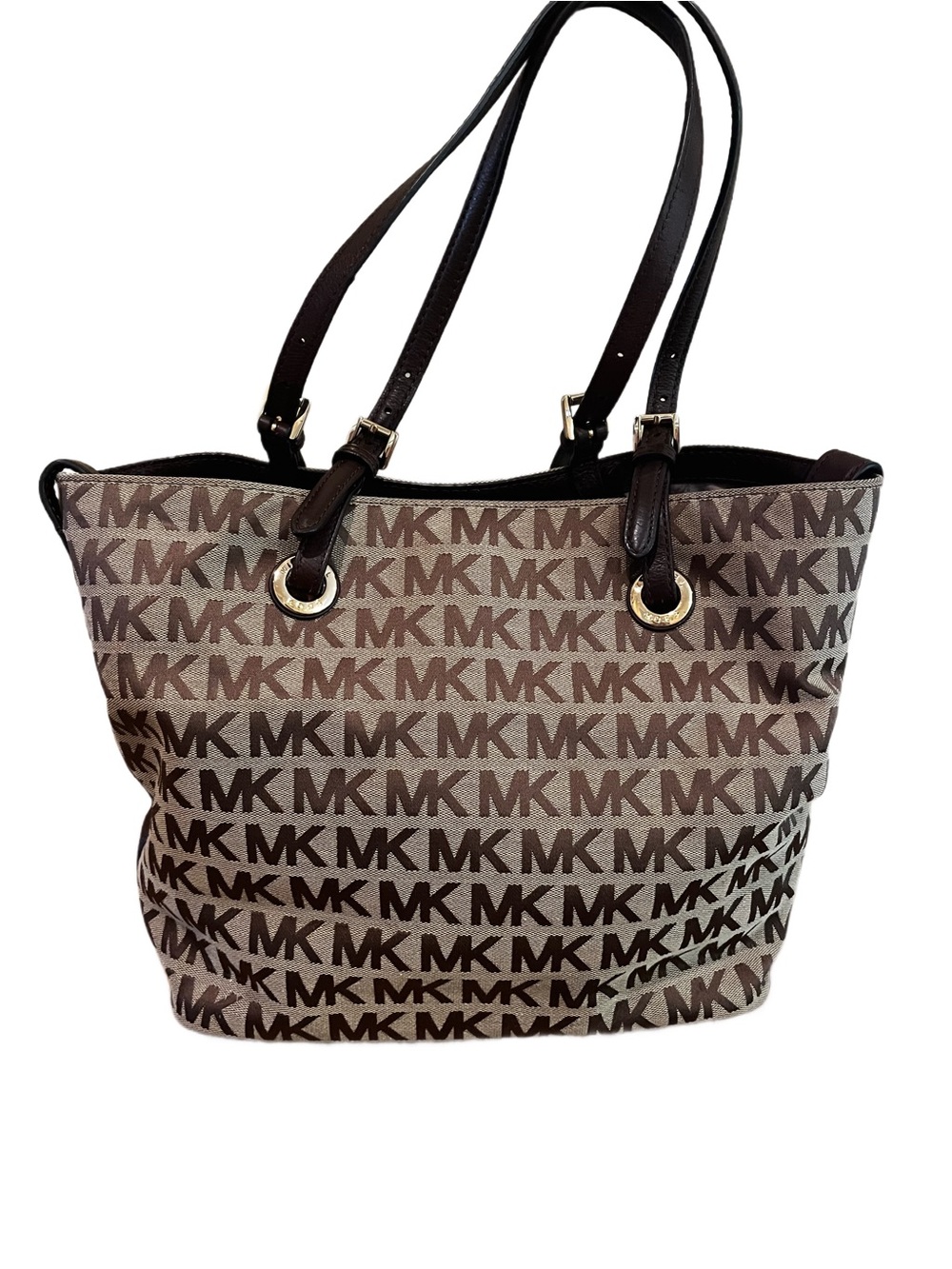 Michael Kors Jet Set Signature Jacquard Tote Bag Khaki Tan Brown Open Top
